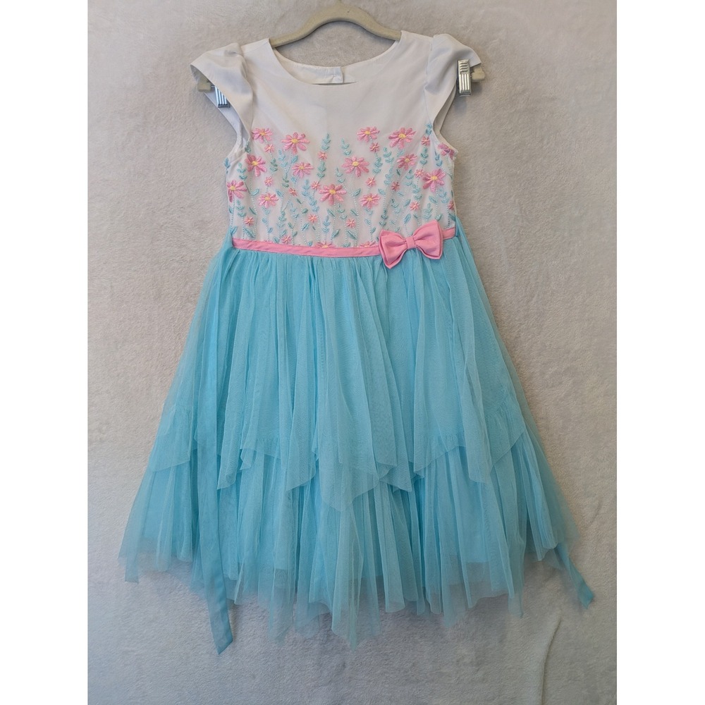 Jona Michelle Girls Floral Embroidered Tulle Dress Blue White Pink Size 10